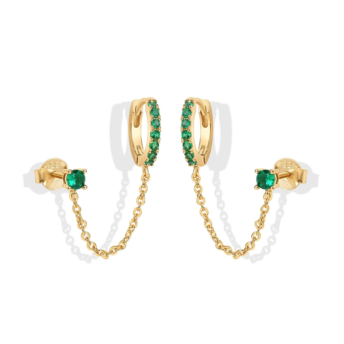 Gold Plated Chain Earrings for Women - Double Piercing Dangle Chain Huggie Hoop Earrings - Cubic Zirconia Single Stud Ear Cuff Earrings for Women